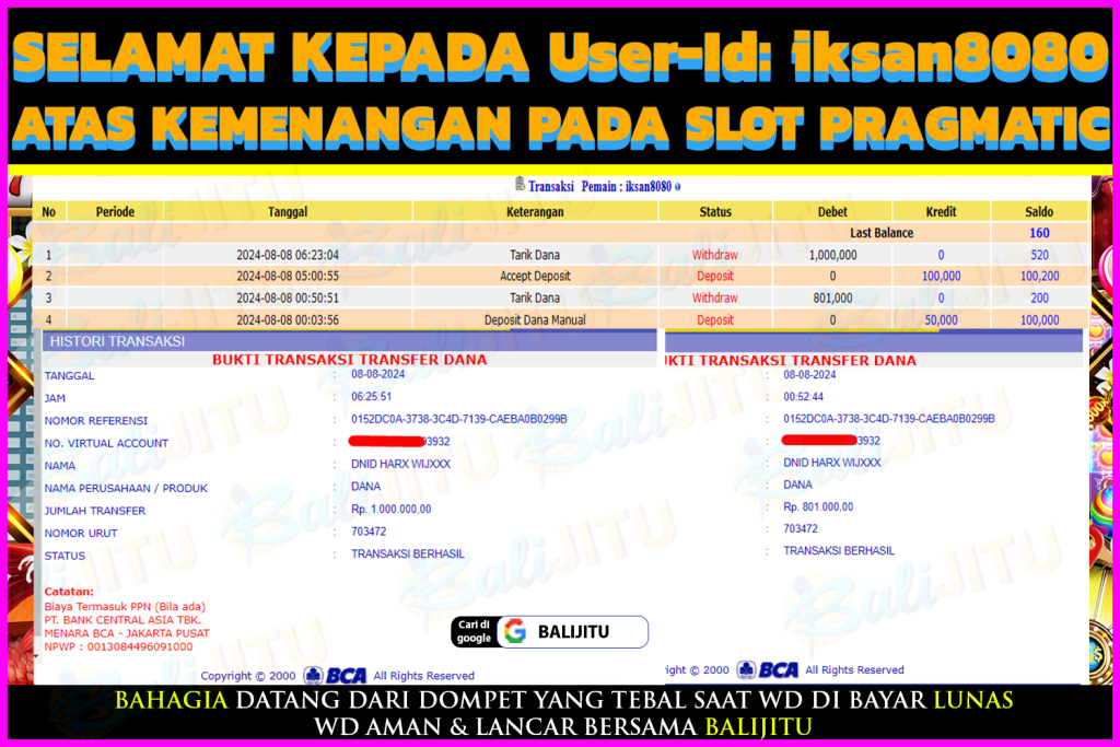 BUKTI MENANG MEMBER BALIJITU 10/08/2024