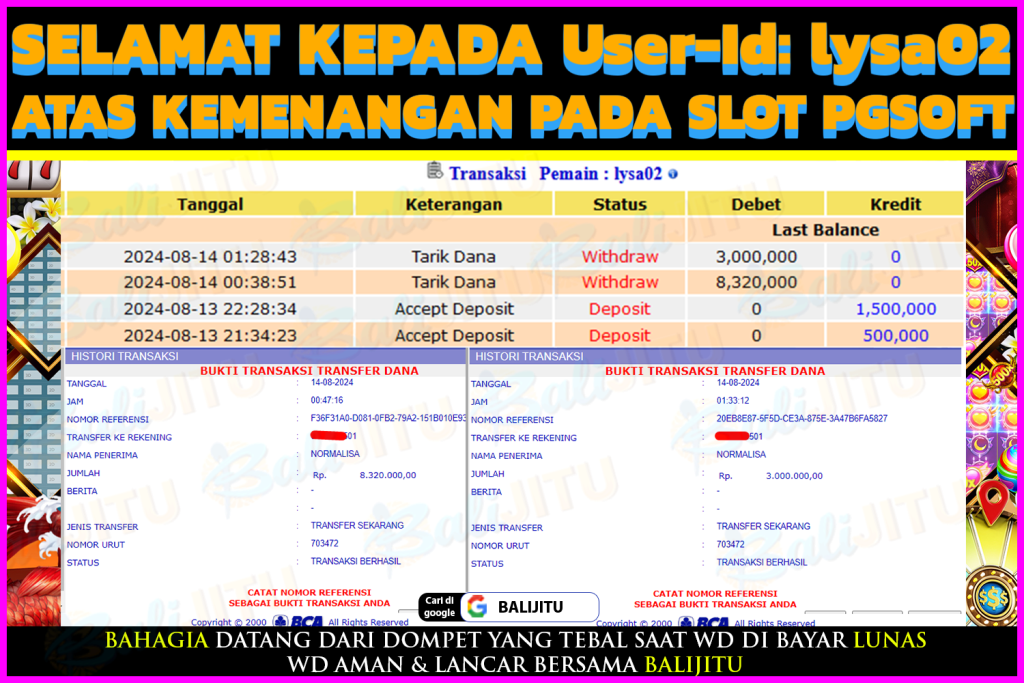 BUKTI MENANG MEMBER BALIJITU 20/08/2024