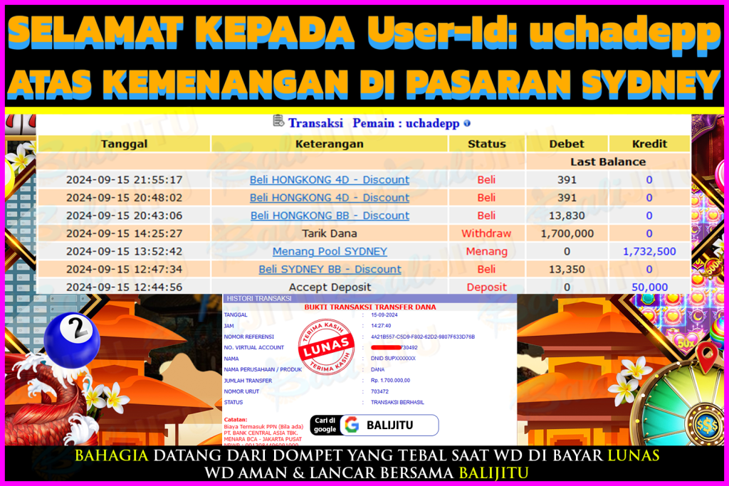 BUKTI MENANG MEMBER BALIJITU 06/10/2024